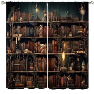 Imagem de Cortinas de estante vintage, biblioteca, aprendizagem, educação, estante, tratamentos de janela para sala de estar, quarto, sala de aula, cortinas de madeira antiga, conjuntos de 2 painéis, blackout