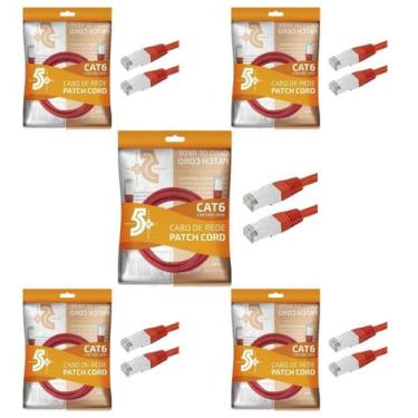 Imagem de Kit 5 Cabo De Rede Patch Cord Cat6 Ftp Blindado 2M Vermelho - 5+