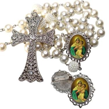 Imagem de Terço de Noiva de Luxo Cravejado com Broche de Lapela Santa Mãe Rainha