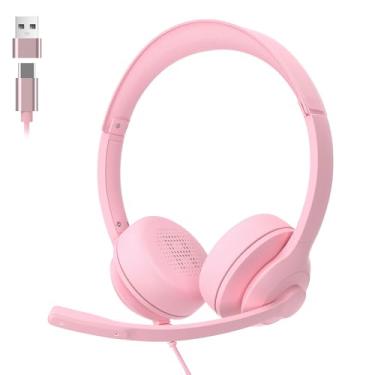 Imagem de Fone de ouvido com fio USB-C/USB-A com microfone com cancelamento de ruído | Fones de ouvido intra-auriculares de escritório para PC/laptop | Botão mudo e conforto o dia todo para call center