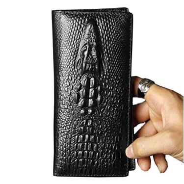 Imagem de Carteira longa masculina de couro legítimo com cabeça de crocodilo preta