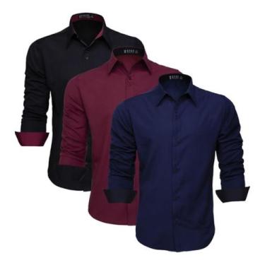Imagem de Kit 3 Camisas Masculina Manga Longa Social Slim Blusa Barata (PRETA - 
