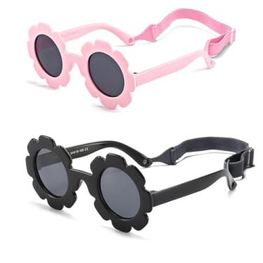 Imagem de JINHUIBBA Óculos de sol florais para bebês com alça para meninas, flexíveis, flexíveis, polarizados, para recém-nascidas, idades de 0 a 24 meses, Rosa + preto, One Size