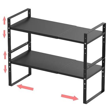 Imagem de Jojocross Organizador de Temperos Empilhável e Expansível, 2 Prateleiras, Estilo Fino, Prateleira de Cozinha e Despensa, 42 cm a 69 cm x 26 cm x 25 cm, Preto