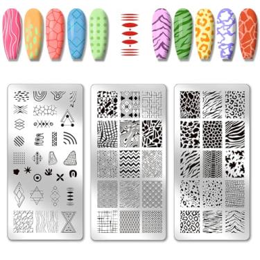 Imagem de PH PandaHall 3 peças de placa de carimbo de unha com padrões de animais, padrões geométricos, estêncil, placa de imagem de unha de aço inoxidável, formas irregulares, modelo de arte para mulheres