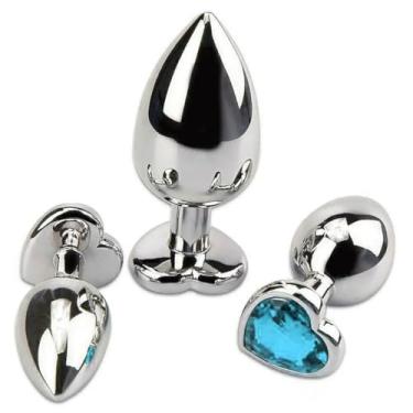 Imagem de Plug Anal em Aço Inoxidável, Base Coração com Cristal Azul, 8cm x 3,4cm, Prata