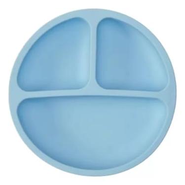 Imagem de Pratinho de Alimentação Para Criança: Kit 03 Peças. 01 Pratinho de Silicone Com Divisórias e Ventosa Antiderrapante + 01 Colher + 01 Garfo. Refeição de Bebês, Refeição Saudável, Infantil, Baby (Azul)