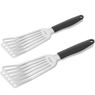 Imagem de POTWIY Espátula de peixe de aço inoxidável, conjunto de 2 espátulas de metal para cozinha e grelhar, espátula com alça de silicone para frigideira de ferro fundido, utensílios de cozinha para peixe