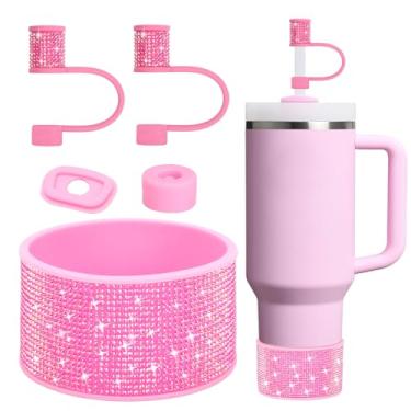 Imagem de Conjunto de acessórios de copo Stanley de strass, incluindo capas de canudo brilhante de 1 cm, tampa à prova de derramamento, bota de silicone com glitter de diamante para acessórios Stanley 1,134 g