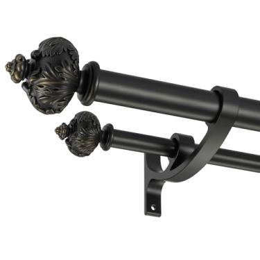 Imagem de Lwiiom Varão de cortina duplo resistente com acabamento de folhas de palmeira e suportes de buquê de alumínio, varões duplos para janelas de 91 a 182 cm, 2,5 cm frontal, hastes duplas ajustáveis