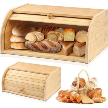 Imagem de Porta Pão Bolo de Bambu Pequeno Multiuso com Tampa Retrátil Basculante, Suporte Porta Pão Bolo Madeira Bambu, Porta Pão Bolo Biscoistos Organizador, Porta Pães Com Tampa