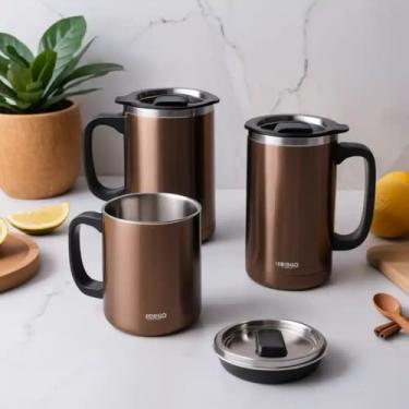 Imagem de Caneca Térmica Parede Dupla em Aço Inox Marrom 950ml com Tampa Hermética - Estilo Minimalista