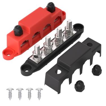 Imagem de APIELE Bloco de distribuição de energia Bus Bar 12V 250A com tampa, 4 x pinos de 3/20.3 cm bloco de terminais de bateria para fiação marítima, automotiva, trailer, solar (M10)