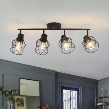 Imagem de BUXVRCS Luminárias De Luz Preta Multidirecional Ajustáveis, Teto Semi-Embutidas, Cozinha, Holofotes Industriais Com Gaiola Metal Geométrica Para Sala Jantar
