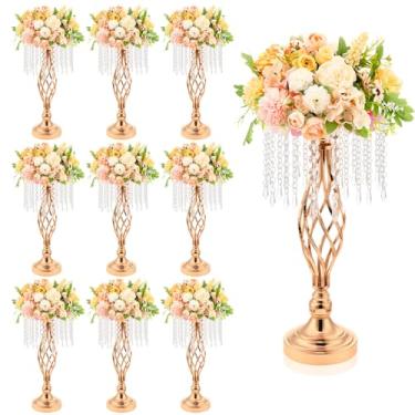 Imagem de Wesiti 10 peças de suporte de flores de cristal dourado elegante de metal com cristais de lustre vaso dourado de 45 cm de altura para centros de mesa, recepção de casamento, lembrancinha de hotel