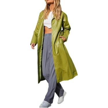 Imagem de Trench Coat Feminino Manga Longa Lapela Cardigan Jaqueta Cor Sólida Cinto Retrô Couro Falso Longo Trench Coat, EN8, S