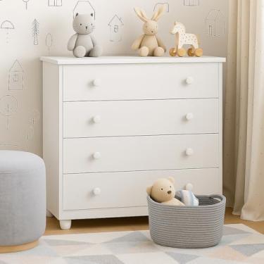 Imagem de Cômoda Modelo Lara Com Quatro Gavetas 100% MDF Branco Detalhes Em Branco Modelo Minimalista Moderno