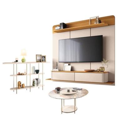 Imagem de Home Suspenso Galax Cinamomo Off White E Aparador Infinity E Mesa De Centro Sky Com Tampo De Vidro Off White- Hb Móveis