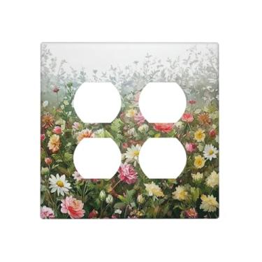 Imagem de Spshian Placa decorativa para interruptor de luz, boho, flores silvestres coloridas, folhas verdes, planta, 2 soquetes, placas de parede duplex, placas de interruptor e capas de tomada para banheiro
