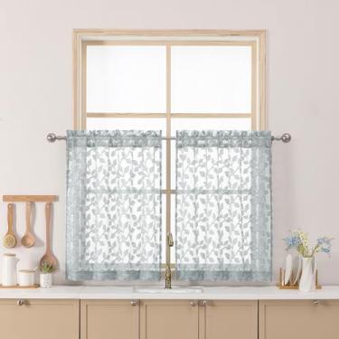 Imagem de Chyhomenyc Cortinas transparentes cinza claro 76 cm de comprimento, folha de filtragem leve tufada texturizada pequena cortina de cozinha sobre a pia, cortinas curtas de meia janela para porão de