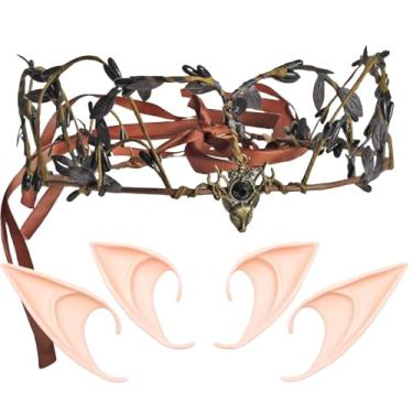 Imagem de LINSINA Coroa de flor de fada e orelhas de elfo, acessórios de fantasia renascentista com 2 pares de orelhas de elfo para mulheres (preto)