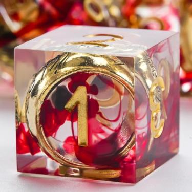 Imagem de GU BEI TE DND Dice Set 7-Pcs, Lord of The Rings Style Resin Dice Polyhedral Resin Sharp Edge Dice Set with Gift Box, Playing Game for Dungeons and Dragons RPG MTG Table Games（Red Dice）