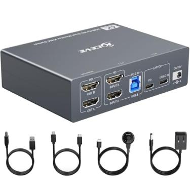 Imagem de 2 Monitores KVM Switch para Laptop & Desktop 4K@60Hz, USB C e HDMI KVM Switch 2 Monitores 2 Computadores com 4 USB 3.0 Portos para o Rato do Teclado, PD 80W, com Cabo Remoto e Cabo USB C