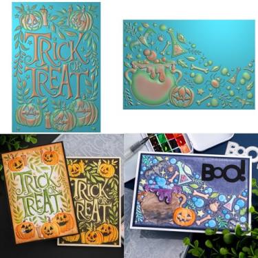 Imagem de 2 peças de pasta de gravação 3D de Halloween para fazer cartões, folhas de bola de abóbora, estrelas, doces, fundo, pasta de plástico em relevo, moldes para papel, artesanato, artesanato, scrapbook