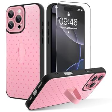 Imagem de OOK Capa para iPhone 16 Pro Max com protetor de tela, linda capa de telefone de bolinhas com alça de dedo ajustável, proteção total para mulheres e meninas - rosa