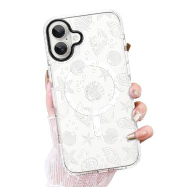 Imagem de OOK Capa transparente para iPhone 16 Plus, linda capa de arte de concha do mar branco macio TPU protetor à prova de choque para mulheres meninas capa magnética fina para telefone