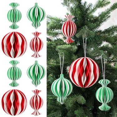 Imagem de Watersay 12 peças de enfeites de Natal de papel, enfeites de favo de mel de doces, bolas de artesanato de papel para decoração de festa de árvore de Natal em casa (vermelho verde)