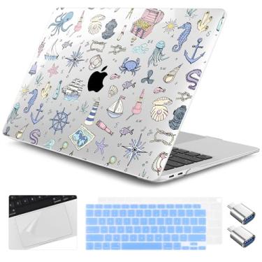 Imagem de Yebiseven Capa para MacBook Air de 13 polegadas M1 2021 2020 2019 2018 modelo A2337/A2179/A1932, capa rígida para laptop com capa de teclado e protetor de trackpad e 2 adaptadores OTG, ícones do mar