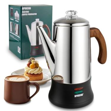 Imagem de APOXCON Cafeteira elétrica de aço inoxidável com dois botões de progresso transparentes de vidro resistente e cabo de madeira maciça tratada e interruptor liga/desliga automático mantém aquecido sem