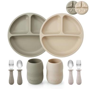 Imagem de PandaEar Conjunto de silicone para alimentação para bebês | Pacote com 2 pratos de sucção divididos de silicone e 2 copos minúsculos com 2 colheres e 2 garfos | Suprimentos de desmame para bebês