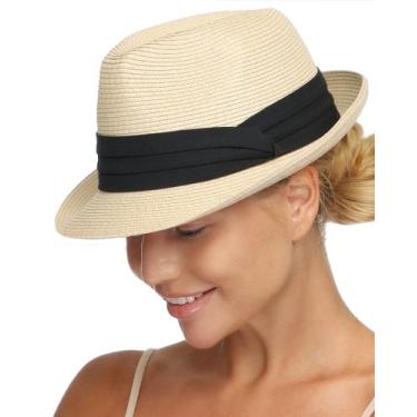 Imagem de Chapéu de sol FURTALK Fedora Straw para homens e mulheres UPF 50+ bege