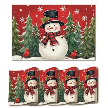 Imagem de Conjunto de 4 jogos americanos de boneco de neve de Natal, estampa de árvore de Natal vintage, tapetes de mesa de centro de 30 x 45 cm para jantar, casa de fazenda, cozinha, festa, decoração de Natal