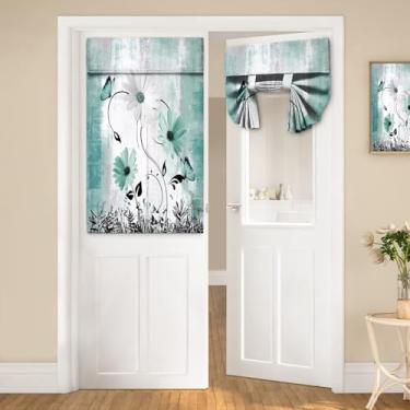 Imagem de Cortinas de porta para janelas de porta, casa de fazenda rústica, margarida, fazenda, azul-petróleo, margarida, flores florais e borboleta no campo, madeira, turquesa, tecido verde, colorido, cortinas