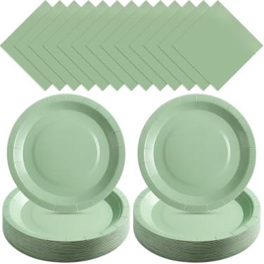 Imagem de Zhehao 120 peças de pratos de papel descartáveis e guardanapos decorações de festa de aniversário de 18 cm pratos descartáveis para chá de bebê suprimentos de festa de casamento (verde sálvia)