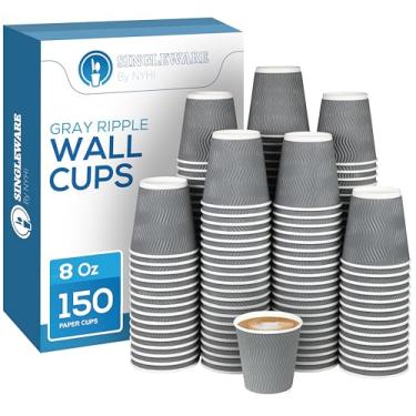 Imagem de NYHI Conjunto de 150 copos de papel cinza isolados ondulados para café e chá copos quentes recicláveis de 3 camadas para melhor isolamento perfeito para cappuccino quente coco ou bebidas geladas (227