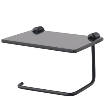 Imagem de Suporte de Banheiro com Prateleira para Celular e Porta Papel Higiênico, Metal Zamac Preto, 15,2x12x7,5 cm, Vidro Incolor 6mm