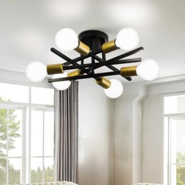 Imagem de Luminária de teto Sputnik preta e dourada de 43 cm, lustres Sputnik de 6 luzes pretas e douradas, candelabro moderno de meados do século para sala de jantar, sala de estar, quarto, soquete E26