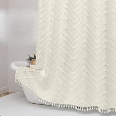 Imagem de OWENIE Cortina de chuveiro de tecido bege, cortinas de chuveiro boho para banheiro chique tufado Chevron listrado texturizado com borla, estilo hotel macio, casa de fazenda, lavável na máquina, 72 x