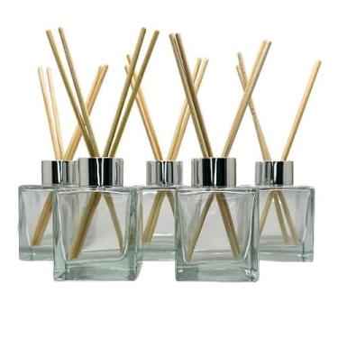 Imagem de KIT 05 Frasco de Vidro Cubo 100ML Tampa Luxo Para Aromatizador Difusor + Varetas(PRATA)