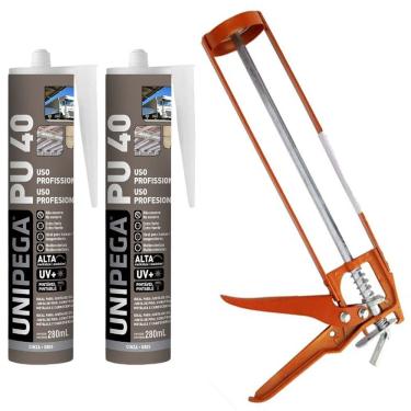Imagem de Kit 2 Selante PU40 Unipega Cinza 400g Vedação + Aplicador de Silicone Construção Profissional Veda Cola