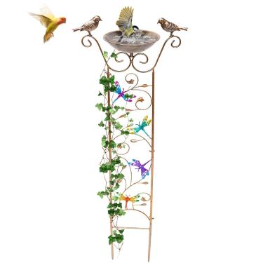 Imagem de Banheira para pássaros com treliça de jardim, altura 105 cm, treliça de jardim para pássaros ao ar livre, treliça de ferro de jardim antigo, alimentador de banho de ave de metal estável tigela