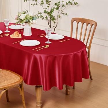 Imagem de Entisn Toalha de mesa oval 132 x 187 cm, feita de tecido de cetim vermelho, adequada para 4 a 6 lugares, resistente a rugas e design fácil de limpar, decoração de mesa para casamento, banquete