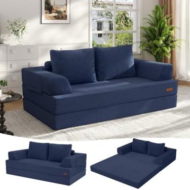 Imagem de COMAX Sofá-cama conversível, sofá dobrável de veludo cotelê dobrável futon colchão com travesseiros, sofá desossado confortável para sala de estar, quarto, azul-marinho