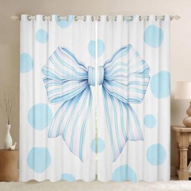 Imagem de Manfei Lindas cortinas de janela com laço para crianças, kawaii, laço de pontos, decoração de quarto de bebê, decoração de sala de jogos, azul, 2 painéis, 96 cm L x 137 cm C