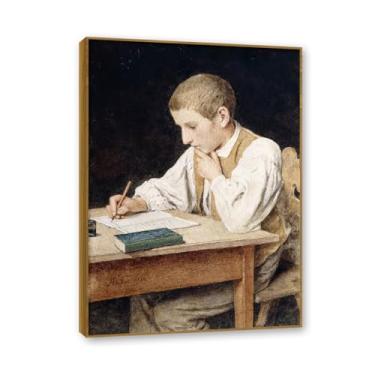 Imagem de NHLDZYH Moldura externa de teca. Famosas pinturas a óleo, (Writing Boy) de Albrecht Anker, reprodução impressa em tela, arte de cenário para decoração de sala de estar. 50 x 70 cm - 19,6 x 27,5 pol