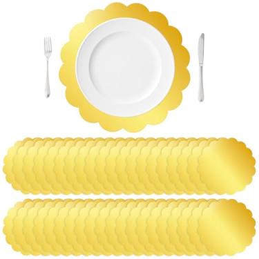 Imagem de ASUNFO 50 peças de jogo americano redondo dourado descartável de papel recortado brilhante espelhado tapete para cozinha mesa de banquete casamento aniversário jantar decoração 33 centímetros